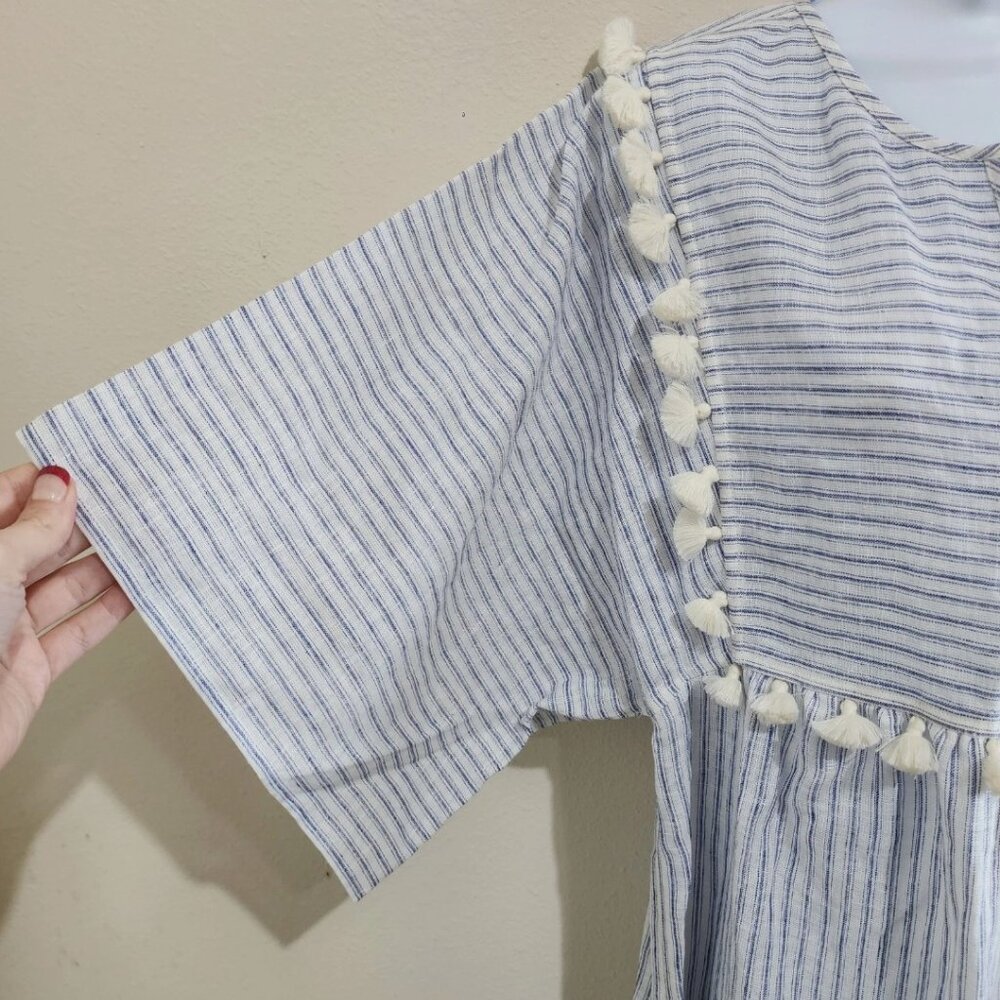 Tory Burch Women's XS Striped Tassel Midi Caftan MSRP $328 Dress In Ivory Blue - Picture 13 of 14
